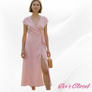 Urban Outfitters Women's Her Zing Self Tie Wrap Long Midi Dress Pink White Sz M